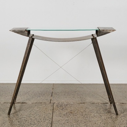 An Industrial Oxidised Steel & Glass Console Table