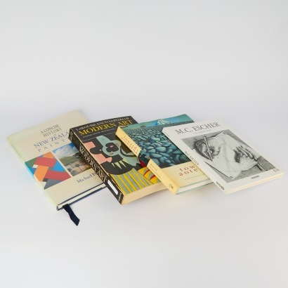A collection of four Art Books A Concise History of NZ Art, Towards Aotearoa, M.C Escher and Larousse Encyclopedia of Modern Art