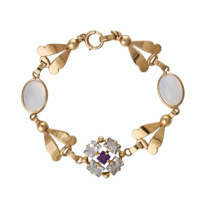 Wordley, Allsopp & Bliss, 14ct Yellow / White Gold, Vintage, 0.35ct Amethyst / 3.20ct Aquamarine / 12.00ct Moonstone Bracelet