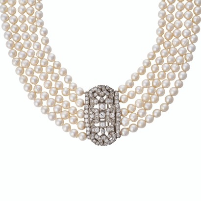 Five-Strand, 41cm Semi-Baroque Pearl Necklace / Antique, Platinum, 9.99ct Diamond Centrepiece Brooch, circa 1900