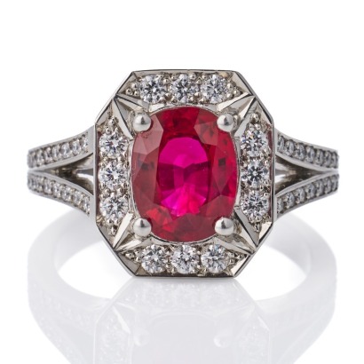 The Village Goldsmith, Platinum, 2.23ct Burmese Ruby / 0.48ct Diamond Cluster Ring