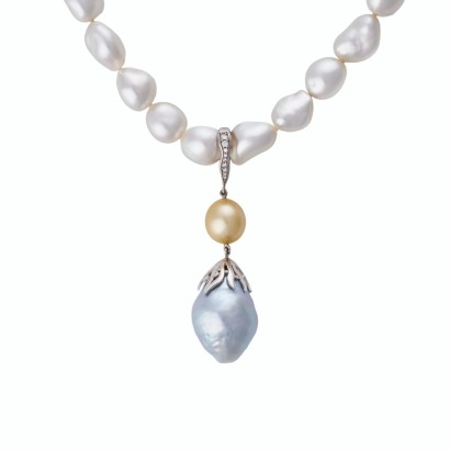 The Village Goldsmith, 43cm, 18ct White Gold, Baroque Pearl / 0.38ct Diamond Necklace with Pearl Enhancer Pendant