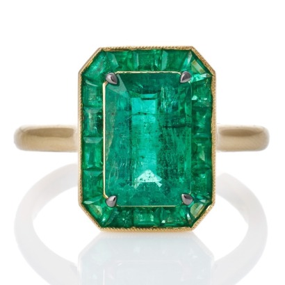 18ct Yellow Gold, 2.73ct Emerald / 0.78ct Baguette Cut Emerald Halo Ring