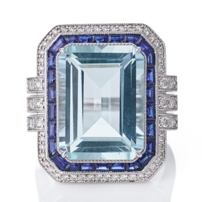 18ct White Gold, 9.95ct Aquamarine / 1.38ct Sapphire / 0.40ct Diamond Ring