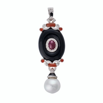18ct White Gold, Art Deco Style, Ruby / Onyx / Carnelian / Diamond / South Sea Pearl Pendant
