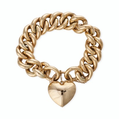 9ct Yellow Gold, 20cm Hollow Curb Link Bracelet with Heart Padlock