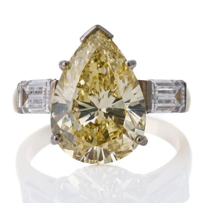 18ct Yellow / White Gold, 5.00ct Fancy Yellow Pear Shape / .89ct Baguette Cut Diamond Ring