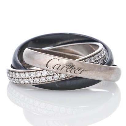 Cartier, 18ct White Gold, 0.45 Diamond / Ceramic Trinity Ring, circa 2014