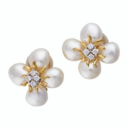 18ct Yellow / White Gold, Vintage, 0.42ct Diamond / Keshi Pearl Clip Earrings