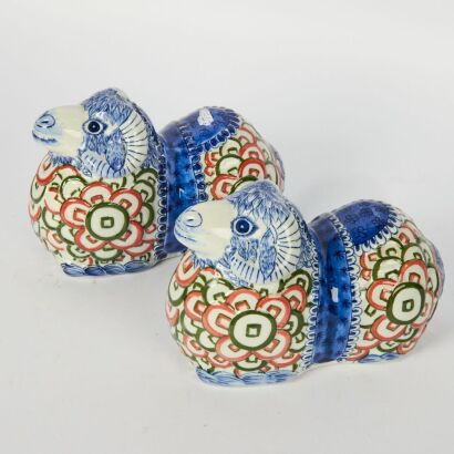 A Pair of Chinese 20th Century Blue and White Sheep Figures