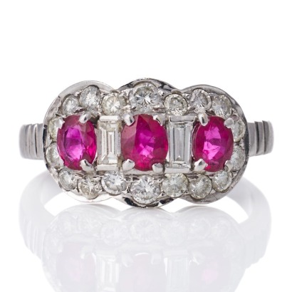 18ct White Gold, 1.60ct Ruby / 1.23ct Diamond Triple Cluster Ring