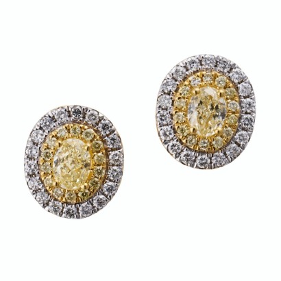 18ct Yellow Gold, 1.54ct Yellow / White Diamond Halo Stud Earrings