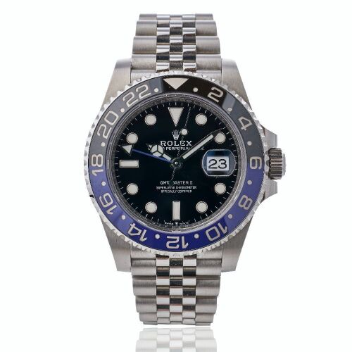 Stainless Steel, 40mm Rolex GMT Master II Black/Blue Bezel Automatic Wristwatch