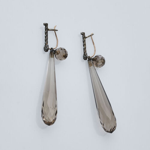 14ct Vintage Long Smokey Quartz and Diamond Earrings