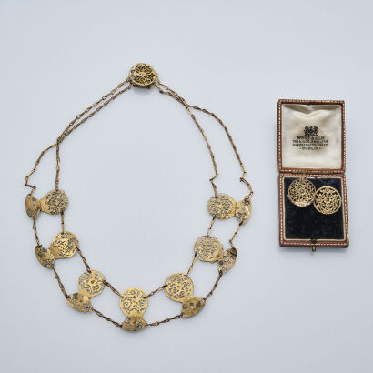 Gold Tone Pocket Watch Case Necklace and Earrings Set