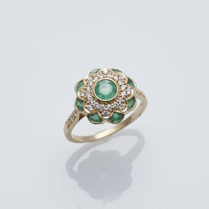 9ct Emerald and Diamond Floral Cluster Ring