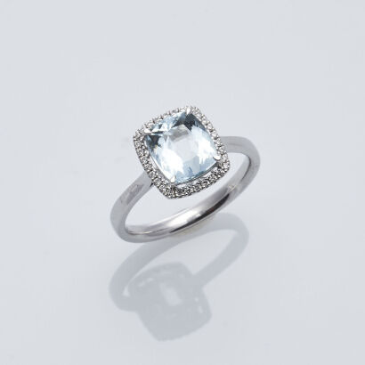 18ct White Gold Aquamarine and Diamond Halo Ring