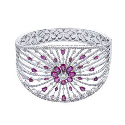 18ct White Gold Ruby and Diamond Starburst Bangle