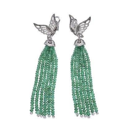 18ct White Gold Emerald and Diamond Tassel Earrings