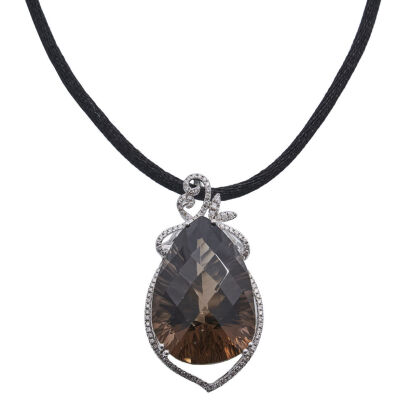 18ct White Gold Smoky Quartz and Diamond Pendant