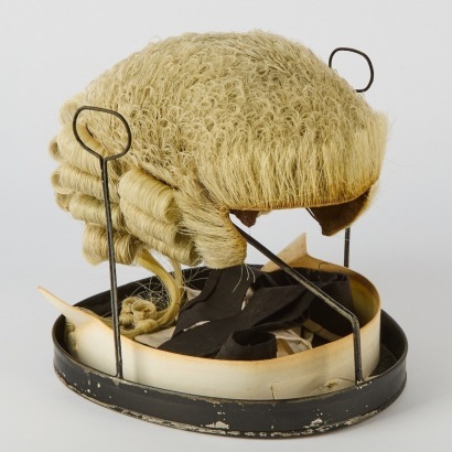 An Original Ravenscroft Barrister's Wig with Tin and Wig Stand, London