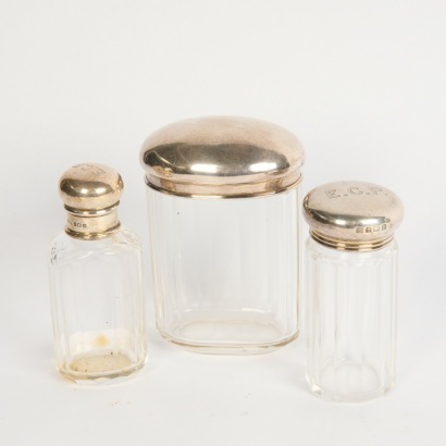 A Set of Three Antique Sterling Silver and Facet-Cut Dressing Table Jars, Birmingham Hallmarks