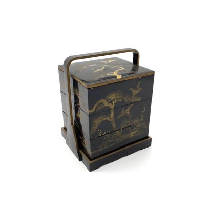 A Japanese Black Lacquer 'Pine and Crane' Jubako Bento Box with handle