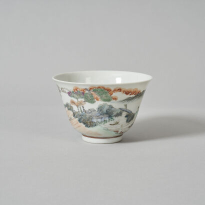 A Chinese Late Qing Dynasty Famille Verte 'Landscape' Eggshell Cup (Da Qing Qianlong Nian Zhi Mark)