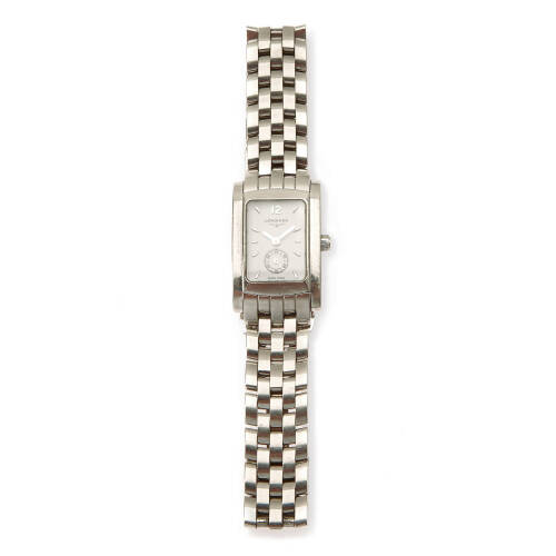 A Lady's stainless steel La Dolce Vita wristwatch, Longines, circa 2000's. Quartz. 24.5 mm x 19.8mm. Case numbered 35980402. Rectangular case with white dial, steel markers, seconds subdial at 6 o'clock. Case, dial, bracelet signed. Box and papers.