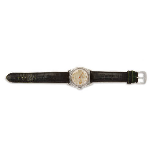 A Gentleman's stainless steel Oysterdate wristwatch, Rolex, circa 1953. Manual. 32mm. Ref. 6294. Serial number 885878. Silver dial with gold Arabic numerals and markers, date aperture at 3 o'clock. Case and dial signed. Non-original leather strap.
