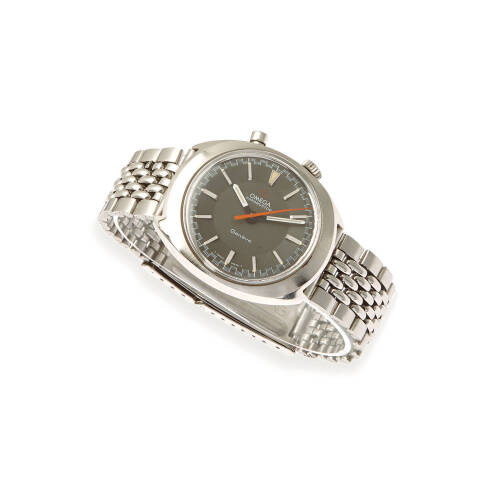 A Gentleman's stainless steel Chronostop wristwatch, Omega, circa late 1960s. Manual. 35x39mm. Cal. 865. Chronograph. Circular rotated grey dial with applied steel markers. Dial and bracelet signed.