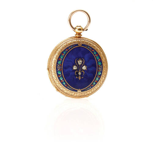 A full hunter pocket watch, Baume. Key wind. 35mm. Movement numbered 1061. Case numbered 101761. Gold dial with black roman numerals signed. Decorative engraved case with guilloche enamelling set with diamonds. Inscribed C.S from her brother H.S 18th Marc