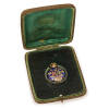 A small open face pocket watch by West End Watch Co. London. 25mm. Crown wind. White dial with black Roman numerals, seconds subdial at 6 o'clock. Enamelled case with diamonds, rubies and emeralds in floral motif. Movement signed 1226405. Case signed 9624