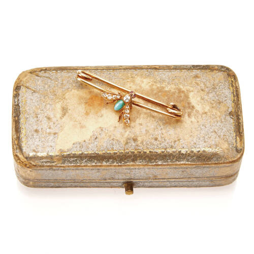 An antique turquoise and diamond bug brooch, turquoise cabochon body with rose cut diamond set wings. 18ct yellow gold. Weight 2.6 grams. Length 35mm.