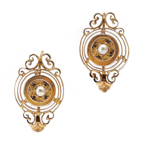 A pair of Victorian seed pearl drop earrings, two claw set seed pearls in ornate engraved disks with intricate scroll work. Gold. Weight 4.4 grams. Length 27mm