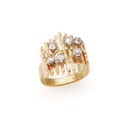 A contemporary diamond ring, six claw set old European cut diamonds of estimated total weight 1.20 carats. 18ct yellow gold. Weight 14.8 grams. Ring size M1/2. Gemologist's report available.