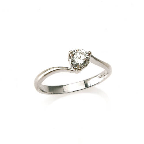 A diamond solitaire ring, rotated claw set round brilliant cut diamond of estimated weight 0.42 carat. 18ct white gold. Weight 2.2 grams. Ring size L. Gemologist's report available.