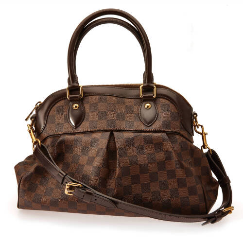 A Trevi PM handbag, Louis Vuitton. Features Damier leather canvas, leather handles, trim and strap. Red alcantara interior. Brass hardware. Approximately 34 x 25 x 20cm Dust bag included. Original receipt available.