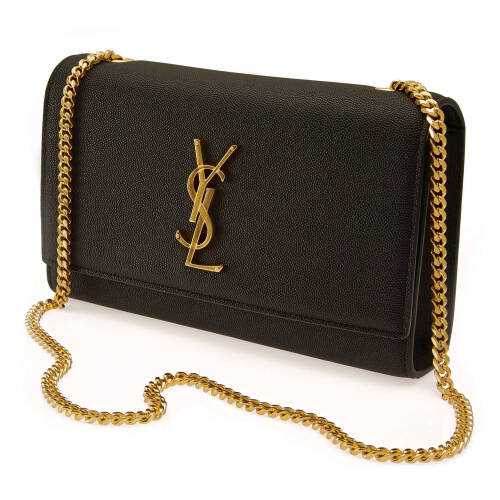 A black medium Kate satchel, Saint Laurent. Grain de Poudre leather canvas. Black suede interior. Gold tone hardware and chain. 24 x 14 x 5cm. Original dust bag.