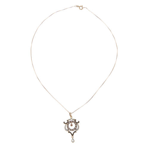 A diamond, aquamarine and enamel pendant on chain, the decorative enamel pendant is set with thirteen round diamonds and accented with one pear shaped aquamarine, hung on a fine box chain. 14ct yellow gold. Weight 4.2 grams. Pendant length 3.5cm. Chain le