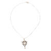A diamond, aquamarine and enamel pendant on chain, the decorative enamel pendant is set with thirteen round diamonds and accented with one pear shaped aquamarine, hung on a fine box chain. 14ct yellow gold. Weight 4.2 grams. Pendant length 3.5cm. Chain le