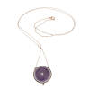 An Art Deco enamel and seed pearl pendant on chain, three seed pearls with decorative purple enamel disk pendant hung on a fine chain. 9ct gold. Weight 6.3 grams. Pendant length 2.5cm. Chain length 52cm.