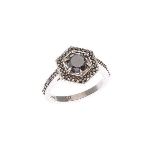 A black diamond cluster ring, claw set round brilliant treated black diamond centre of estimated weight 0.90 carat, surrounded by forty-two claw set round brilliant cut treated black diamonds of estimated total weight 0.33 carats. Platinum. Weight 7.1 gra