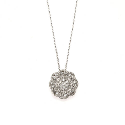 A diamond cluster pendant on chain, woven style cluster pendant comprised of one hundred forty-one round brilliant cut diamonds of estimated total weight 1.61 carats, hung on a fine chain. 18ct white gold. Weight 7.3 grams. Pendant diameter 1.7cm. Chain l
