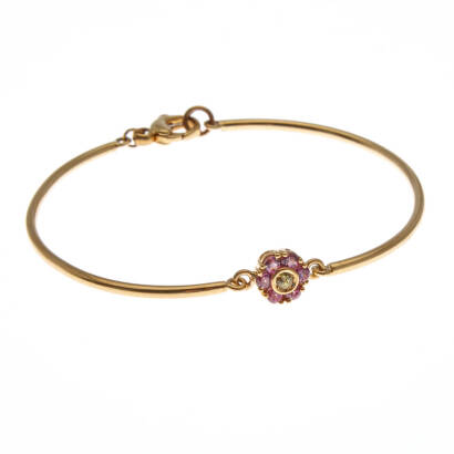 An amethyst and peridot bracelet, Pasquale Bruni. Front section of bracelet features a round cut peridot centre, surround by six round cut amethysts in flower motif. 18ct yellow gold. Weight 5.8 grams. Inside diameter 5.7cm.