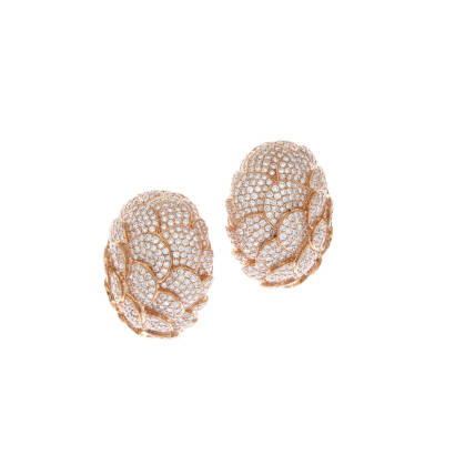 A pair of diamond petal dome earrings, eight hundred and fifty pave set round brilliant cut diamonds of estimated total weight 3.50 carats. 18ct rose gold. Weight 17.0 grams. 20mm. Gemologist's report available.