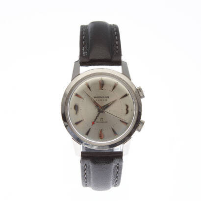 A Gentleman's stainless steel Incabloc wristwatch, Wakmann. Automatic. 34mm. Circular silver dial with applied markers. Alarm function. Dial signed. Non-original leather strap.