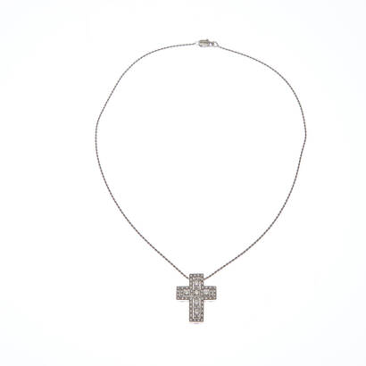 A diamond cross pendant on chain, Damiani. The two piece cross is bead and bar set with sixty-four round brilliant cut diamonds, hung on a fine rope style chain. 18ct white gold. Weight 14.4 grams. Pendant length 27mm. Chain length 43.5cm.