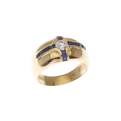A diamond and sapphire dome ring, bezel set round brilliant cut diamond centre of estimated weight 0.45 carat, channel set square step cut sapphires of estimated total weight 0.70 carats. 18ct yellow gold. Weight 10.2 grams. Ring size P. Gemologist's repo