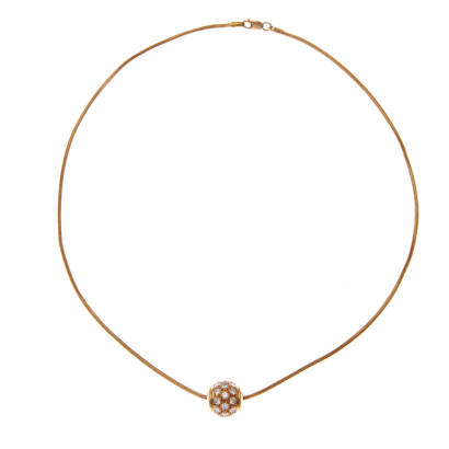 A diamond and gold ball pendant on chain, ball pendant comprised of thirty bead set round brilliant cut diamonds of estimated total weight 1.80 carats, hung on a rounded snake chain. 18ct rose gold. Weight 14.1 grams. Pendant length 1.2cm. Chain length 40